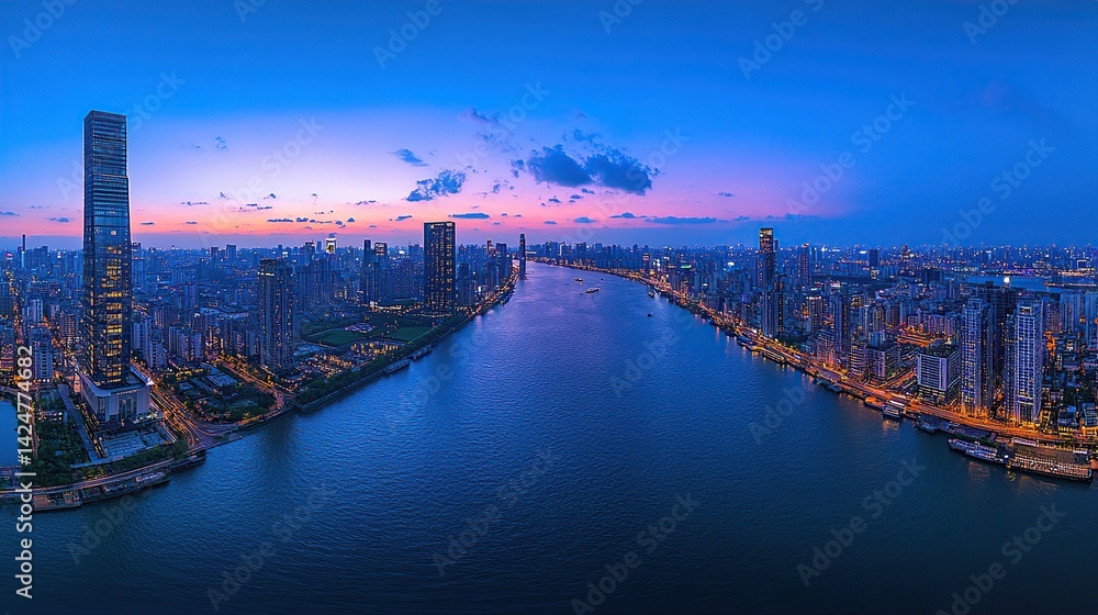 Fototapeta premium Panoramic city skyline at dusk over a river