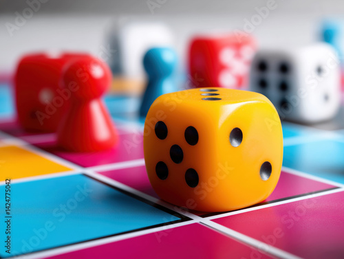 Colorful board game setup with dice and player pieces on a vibrant playing surface