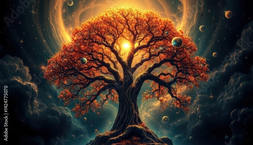 A monumental arboreal entity, effulgent and immense, anchors itself within the nucleus of being