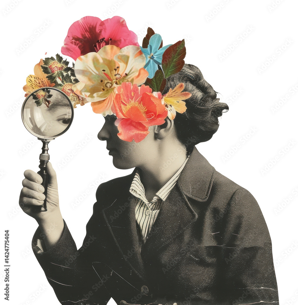 PNG Paper collage of magnifyer flowers portrait vintage.