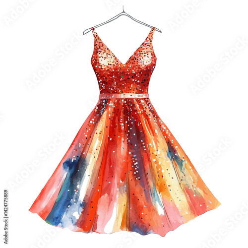 Sequin party dress, watercolor illustration, isolated on a white background.

