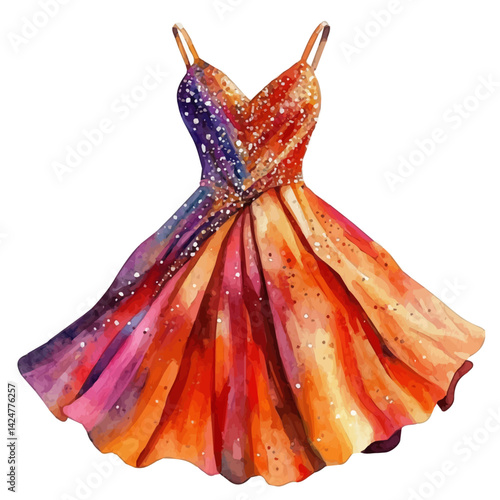Sequin party dress, watercolor illustration, isolated on a white background.

