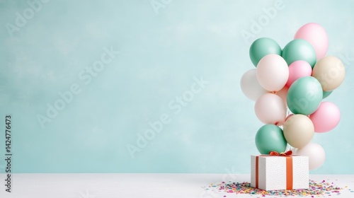 Festive birthday gift with colorful balloons.  A white gift box with a red ribbon, surrounded by a cluster of pastel-colored balloons, sits against a mint-green backdrop.  
