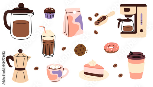 Set of coffee makers, cups, beans, donuts, cookies, milk and takeaway coffee on white background