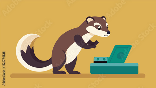 A sneaky ferret sneaking up on the device trying to figure out how to use it to get treats.. Vector illustration