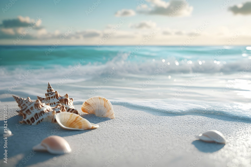 Sun-drenched beach scene with seashells. Sun-drenched beach scene with seashells.