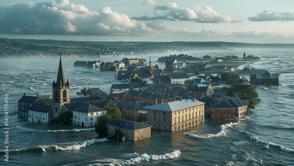 Fototapeta premium Abandoned coastal town after ocean level rise