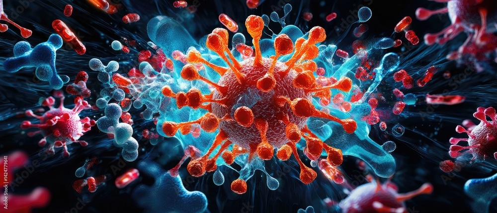 vaccine antibody trial concept. Abstract visualization of a virus with red and blue details on a dark background. vaccine antibody trial concept. Abstract visualization of a virus with red and blue details on a dark background.