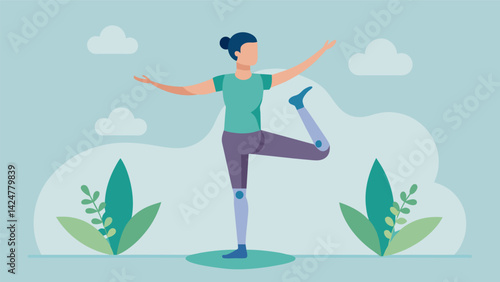 A person with a prosthetic leg confidently balancing in a tree pose in an adaptive yoga class.. Vector illustration