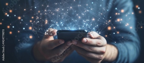 A Hand Holding a Smartphone with a Glowing Network of Lines and Points Emerging From It