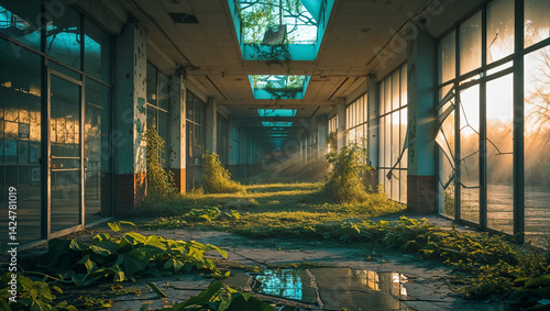 Interior of an abandoned shopping mall after an apocalypse