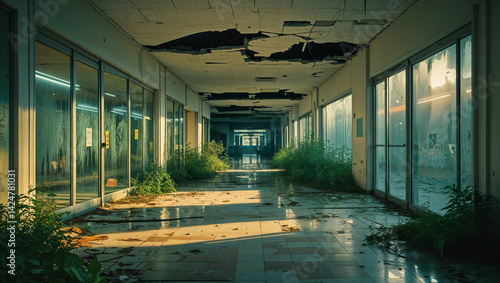 Interior of an abandoned shopping mall after an apocalypse