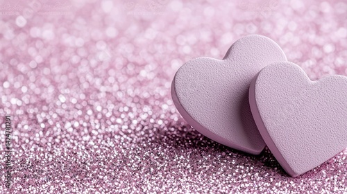 Two delicate, pastel pink hearts on a glittery, pink background