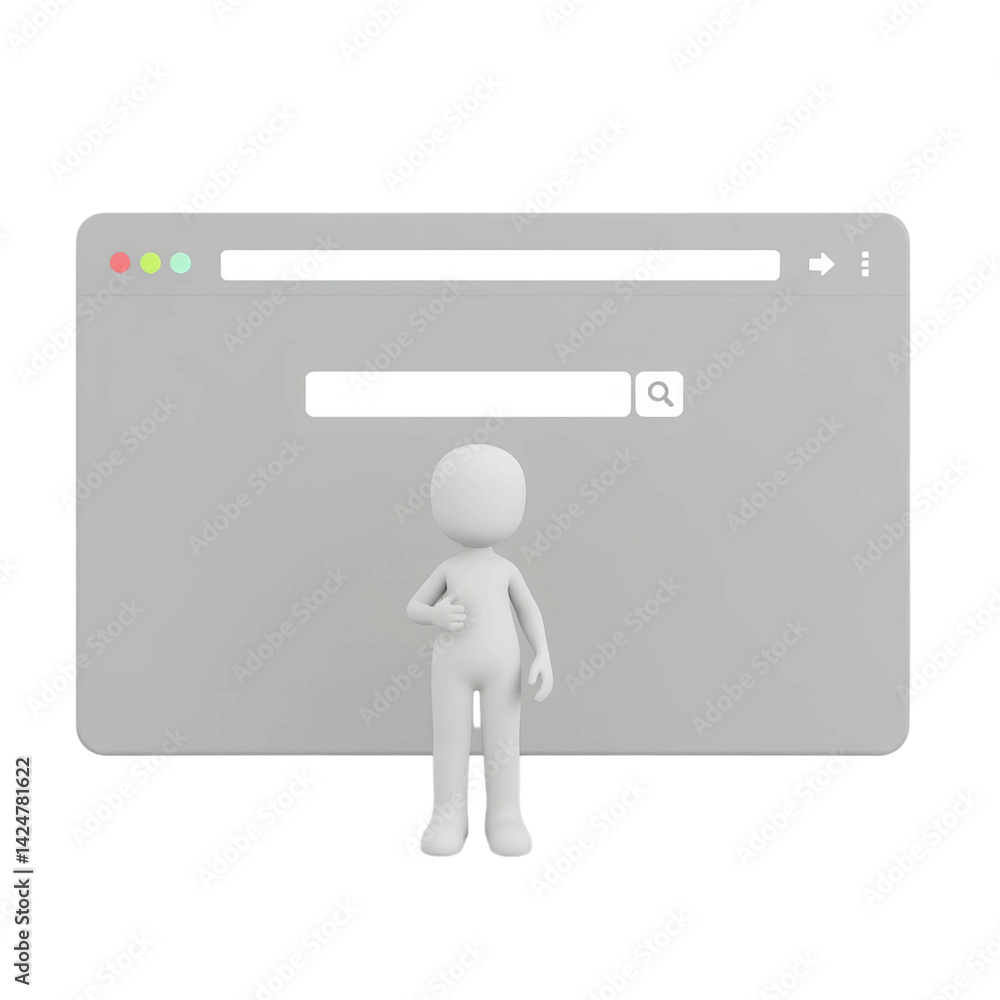 Online Presence: A 3D-rendered figure stands confidently before a computer interface, inviting exploration and interaction. It symbolizes the digital world. Online Presence: A 3D-rendered figure stands confidently before a computer interface, inviting exploration and interaction. It symbolizes the digital world.