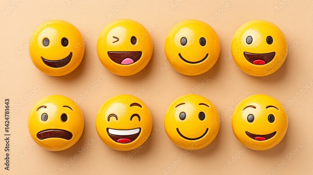Fototapeta premium Assorted Yellow Emoticons Displaying Various Facial Expressions on Beige Surface