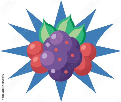 A vibrant vector art illustration bursting with assorted berries, dynamic splashes, and bold colors, perfect for summer-themed designs and advertisements.