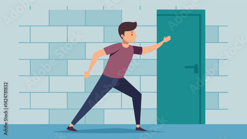 A man stands against a wall angling his body to stretch his sides while taking a moment to mentally prepare for the day ahead.. Vector illustration