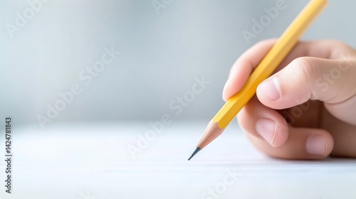 Close-up of a child's hand holding a yellow pencil over blank paper