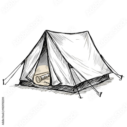 Sketch of a Tent with a Sleeping Bag Inside for Camping, Sketch Style, Outdoors Adventure, For Blogs, Travel Content, Design Projects
