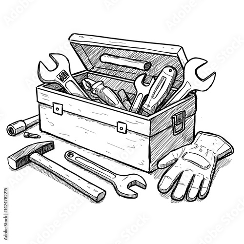 Toolbox with Scattered Tools and Gloves, Sketch Style, Home Improvement, DIY, For Summer Renovation, Dacha Construction Projects