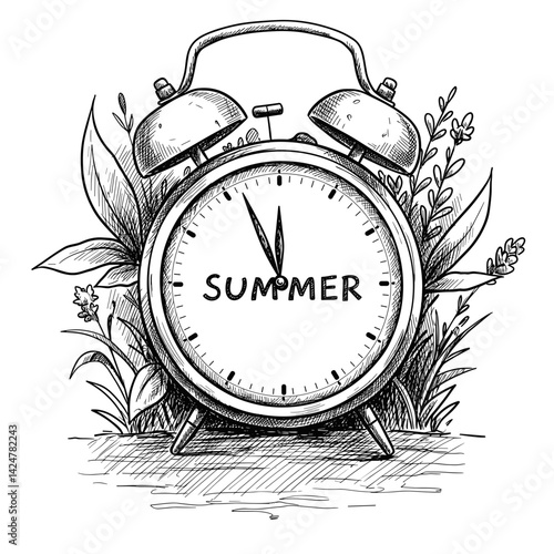 Vintage Clock Illustration with Summer Text and Floral Decor, Concept of Summer Season, For Seasonal Design or Marketing