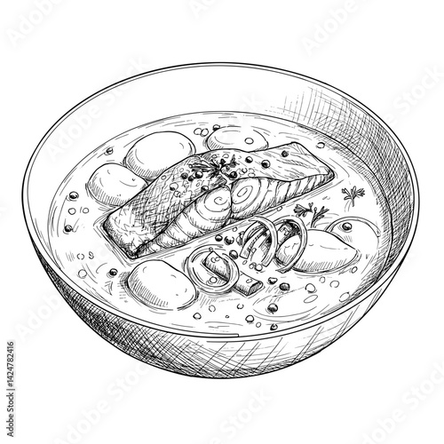 Salmon Soup (Lohikeitto) in a bowl with fresh ingredients, Illustration, Colorful, Nordic Cuisine, Healthy Food, For Menus, Recipes, Food Blogs