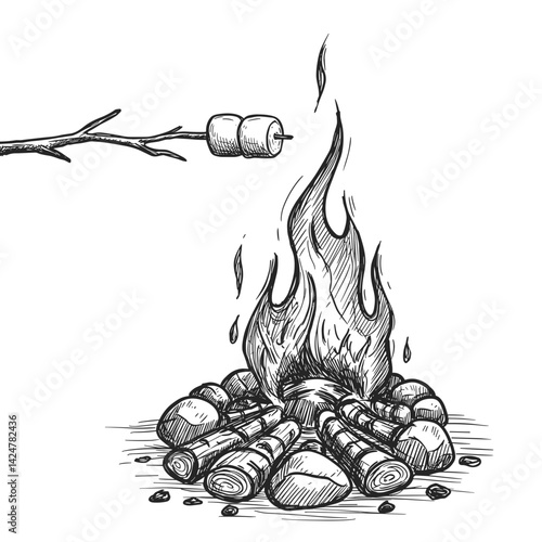 Marshmallow on stick over campfire roasting against a cozy fire  