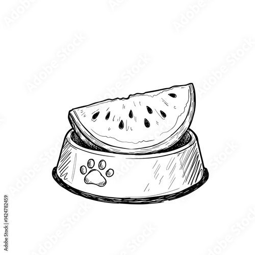 Pet bowl with slice of watermelon inside, Illustration, Concept of Summer Treat for Pets, For Pet Blogs, Websites, or Design