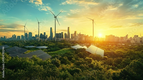 Sustainable city skyline at sunset with renewable energy sources. Lush green spaces, wind turbines, and solar panels complement modern architecture