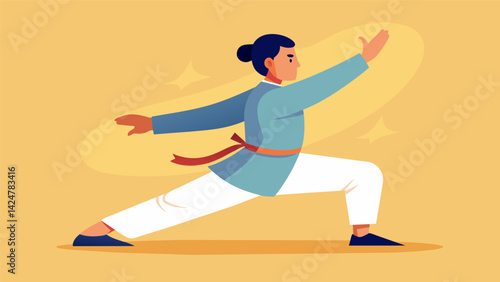A person practicing tai chi a slow and intentional martial art known to reduce stress and improve mental wellbeing.. Vector illustration