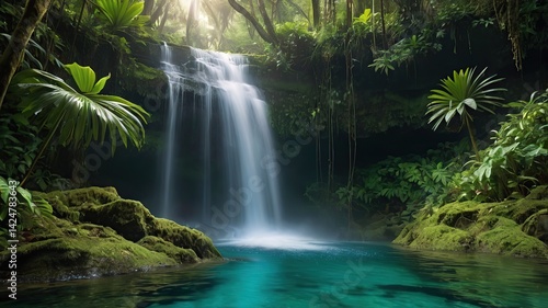 Serene Waterfall in Lush Tropical Rainforest