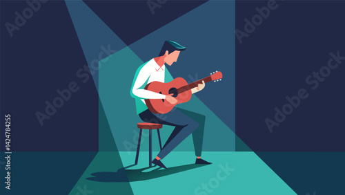 A lone musician sat on a stool in the corner strumming his guitar and singing his heart out. The audience was captivated by his soulful performance. Vector illustration