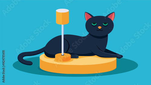 A sleek black cat lounging on a smart toy scratching post which automatically dispenses treats when she scratches and stretches.. Vector illustration