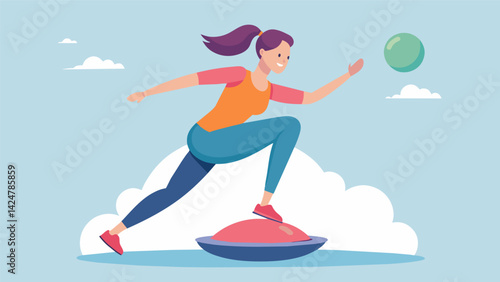 A person balancing on a Bosu ball carefully engaging their core and thigh muscles to improve stability after ankle .. Vector illustration