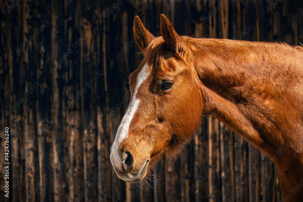 Portrait of a chestnut brown Trakehner mare outdoors
