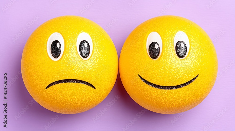 Contrasting Emotions Happy and Sad Yellow Spheres on Purple Contrasting Emotions Happy and Sad Yellow Spheres on Purple