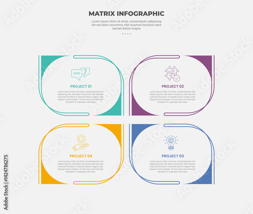 matrix grid structure infographic outline style with 4 point template with creative round shape with leaf shape for slide presentation vector
