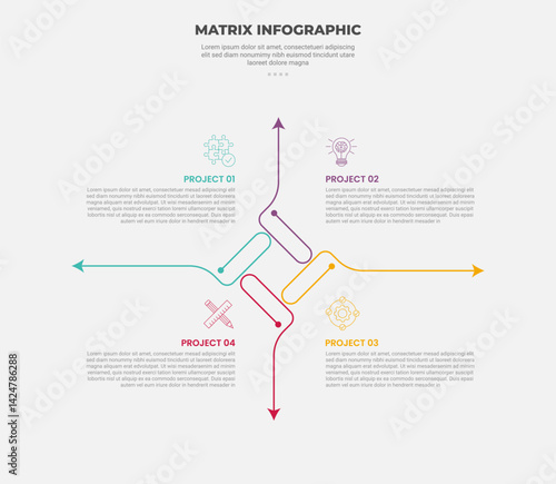 matrix grid structure infographic outline style with 4 point template with long arrow spreading all direction for slide presentation