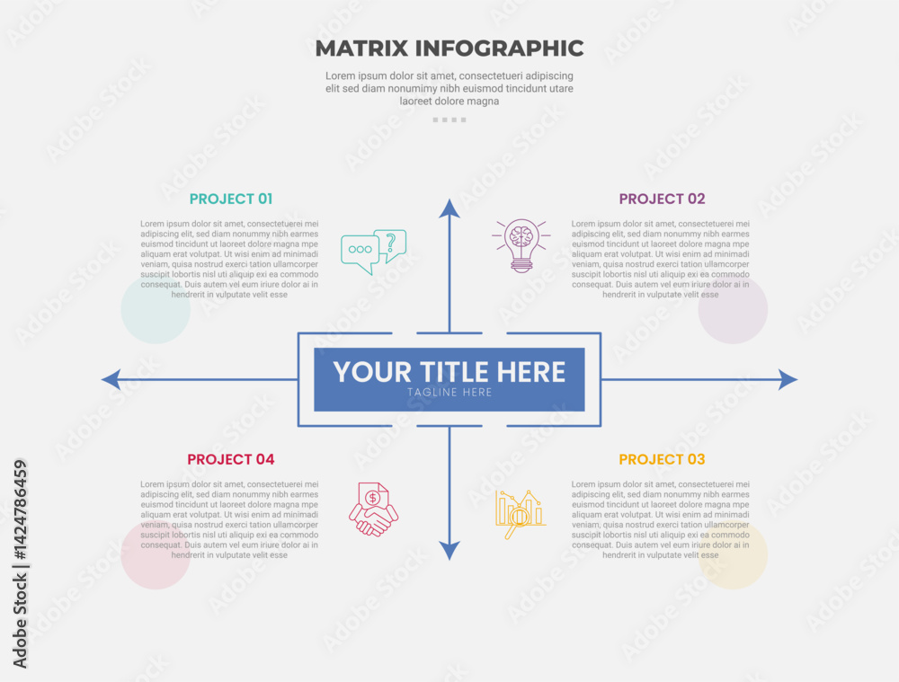 Fototapeta premium matrix grid structure infographic outline style with 4 point template with sharp rectangle container box with arrow spreading direction for slide presentation