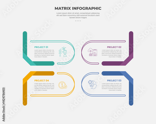 matrix grid structure infographic outline style with 4 point template with round box with flipped ribbon on outside for slide presentation