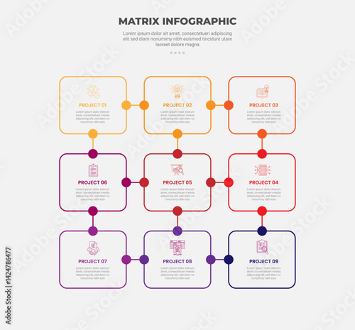 matrix grid structure infographic outline style with 3x3 point template with round box connection with circle linked for slide presentation