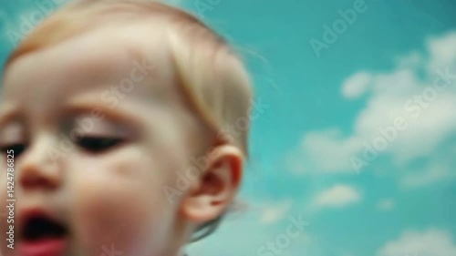 Joyful toddler reaches for sky under bright blue clouds