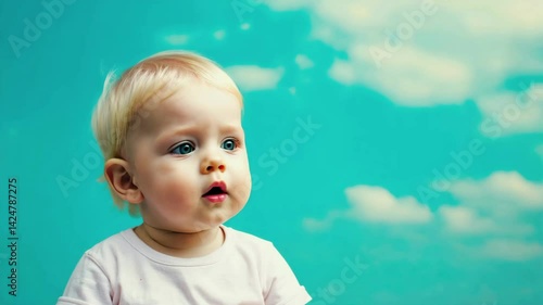 Curious baby exploring the sky with gestures and expressions against a cloudy backdrop