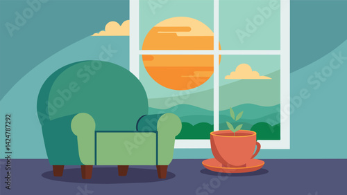 A cup of herbal tea is sad while sitting on a plush cushioned chair near a large sunfilled window..