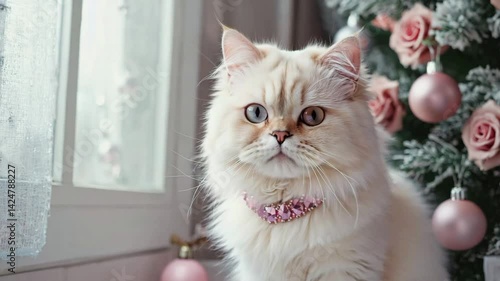 Majestic persian cat gazing by christmas decorated window
