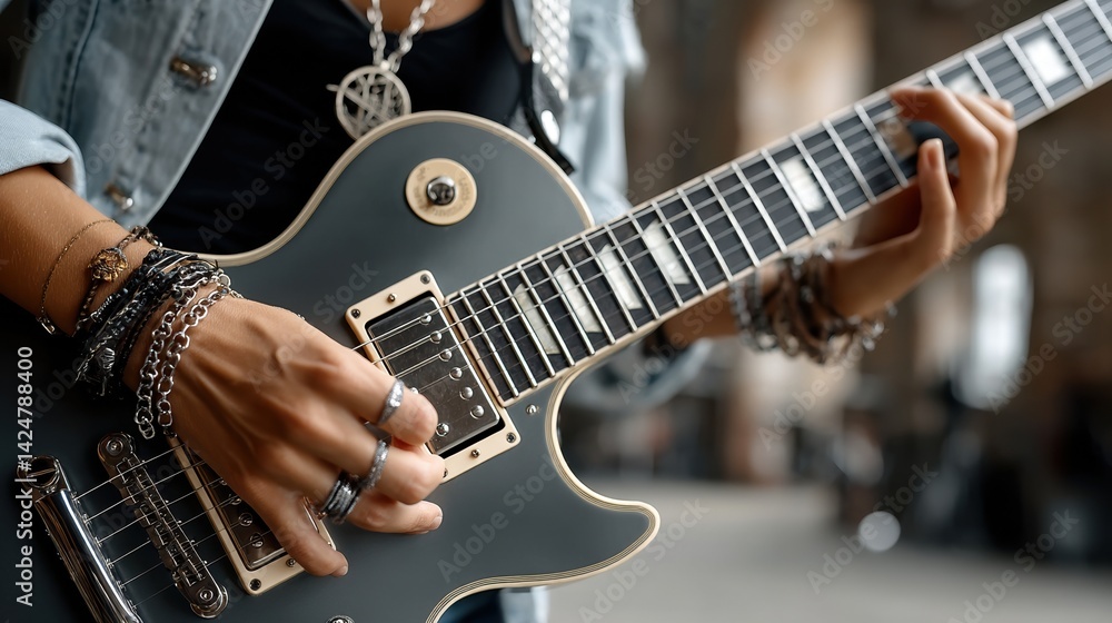 Woman playing electric guitar with stylish jewelry and denim jacket in urban setting