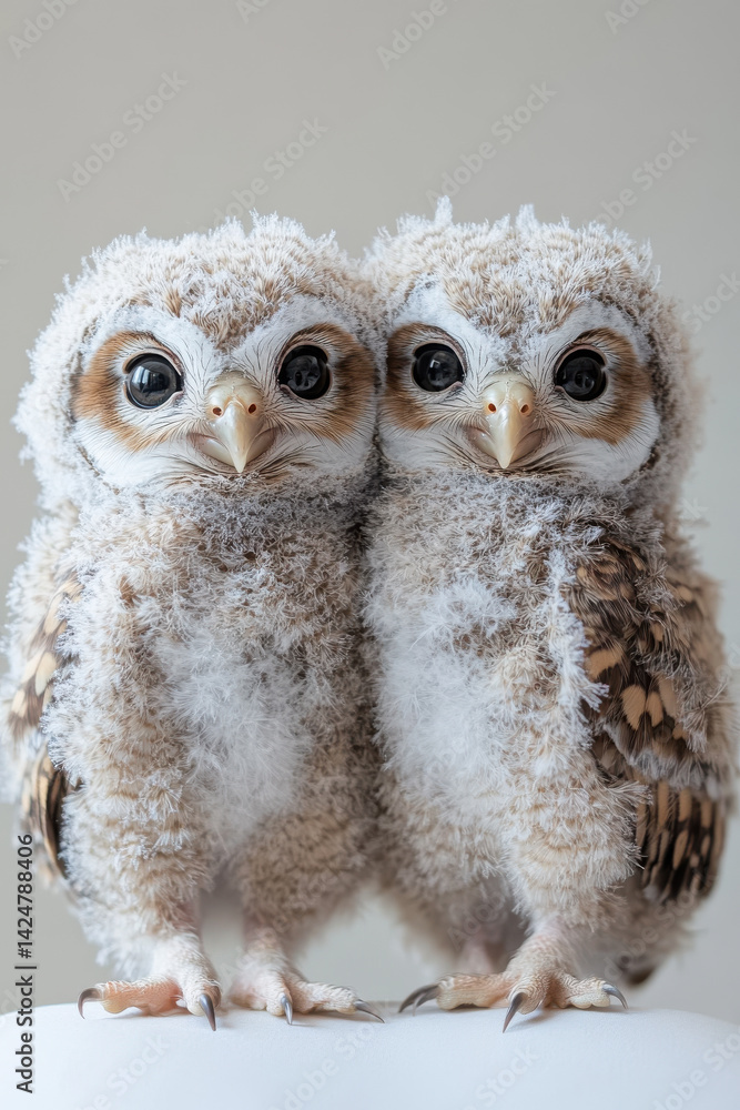 Adorable fluffy owl chicks standing together with soft feathers and wide eyes