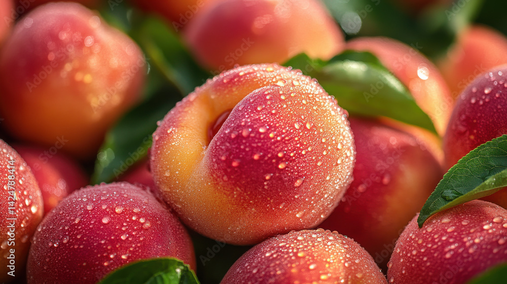 Fresh dew-covered peaches close-up with vibrant colors and natural green leaves