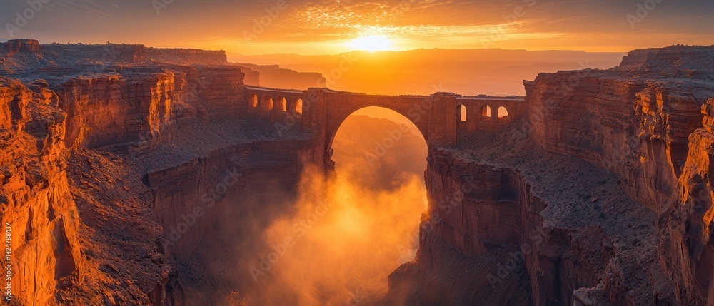 Majestic sunrise over ancient stone bridge spanning dramatic canyon with vibrant orange hues and mystical mist at golden hour