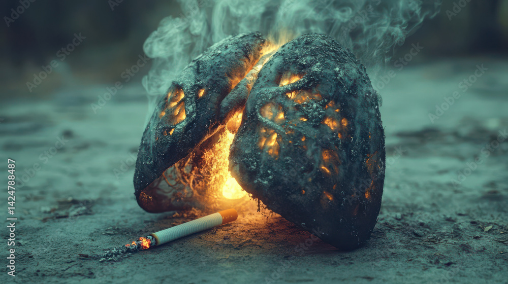 Burning lungs concept with cigarette embers illustrating smoking effects on respiratory health and lung damage
